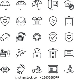 Thin Line Icon Set - fence vector, passport control, security gate, umbrella, trash bin, safe, glove, hose, heart shield, hand, protect, eye id, lock, estate insurance, intercome, water filter