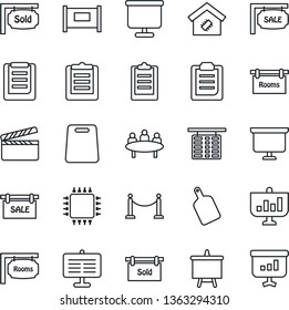 Thin Line Icon Set - fence vector, flight table, presentation board, meeting, clipboard, clapboard, sale, rooms, sold signboard, smart home, cutting, chip