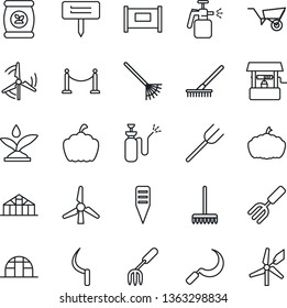 Thin Line Icon Set - fence vector, garden fork, farm, rake, wheelbarrow, well, sickle, plant label, pumpkin, greenhouse, sprayer, fertilizer, windmill, irrigation