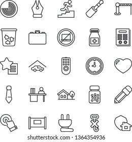 Thin Line Icon Set - fence vector, barrier, no laptop, trash bin, radar, case, tie, pills bottle, clock, hook, touch screen, favorites list, heart, jack connector, ink pen, manager desk, pencil