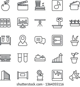 Thin Line Icon Set - fence vector, baggage conveyor, airport building, office, growth statistic, monitor, seedling, blood test vial, navigation, railroad, heavy scales, clapboard, dialog, scanner
