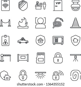 Thin Line Icon Set - fence vector, barrier, passport control, alarm car, border cone, safe, identity card, hose, shield, flammable, sd, lock, face id, stamp, estate insurance, vip zone, wireless