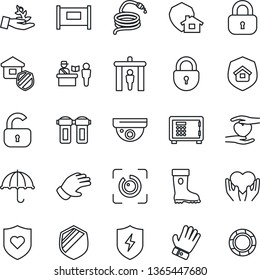 Thin Line Icon Set - fence vector, passport control, security gate, safe, lock, glove, boot, hose, heart shield, hand, umbrella, protect, eye id, estate insurance, water filter, home, surveillance