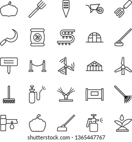 Thin Line Icon Set - fence vector, garden fork, farm, rake, wheelbarrow, hoe, sickle, plant label, pumpkin, greenhouse, sprayer, fertilizer, drip irrigation, windmill