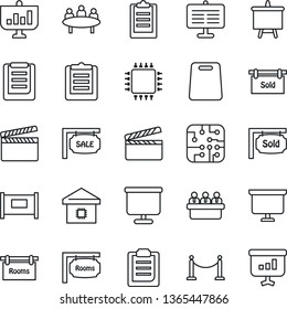 Thin Line Icon Set - fence vector, presentation board, meeting, clipboard, clapboard, sale, rooms, sold signboard, smart home, cutting, chip