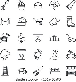 Thin Line Icon Set - fence vector, flower in pot, garden fork, ripper, ladder, wheelbarrow, sproute, glove, boot, saw, lawn mower, fire, seedling, rain, hose, greenhouse, seeds, pond, picnic table