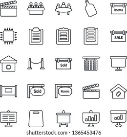 Thin Line Icon Set - fence vector, flight table, presentation board, meeting, clipboard, clapboard, sale, rooms, sold signboard, smart home, cutting, chip