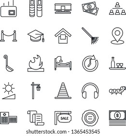 Thin Line Icon Set - fence vector, border cone, contract, graduate, stamp, rake, garden light, caterpillar, hospital bed, cash, warehouse storage, flammable, railroad, headphones, brightness, book