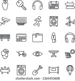 Thin Line Icon Set - fence vector, suitcase, signpost, meeting, shovel, wheelbarrow, bench, run, real heart, eye, truck trailer, term, headphones, manager, sun panel, windmill, key, table, washer