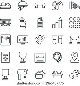 Thin Line Icon Set - fence vector, baggage conveyor, plane globe, growth statistic, monitor, document reload, blood test vial, route, navigation, railroad, fragile, menu, scanner, meeting, waiter