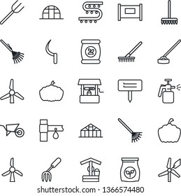 Thin Line Icon Set - fence vector, garden fork, farm, rake, wheelbarrow, well, hoe, sickle, plant label, pumpkin, greenhouse, sprayer, fertilizer, drip irrigation, windmill