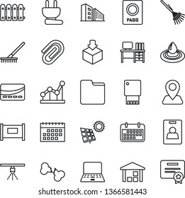Thin Line Icon Set - fence vector, passport, desk, notebook pc, rake, broken bone, navigation, term, warehouse, package, folder, calendar, paper clip, identity card, point graph, sun panel, credit