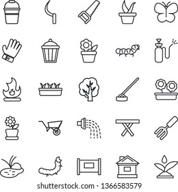 Thin Line Icon Set - fence vector, flower in pot, garden fork, seedling, tree, wheelbarrow, bucket, watering, glove, saw, butterfly, fire, house, hoe, sickle, light, caterpillar, pond, picnic table