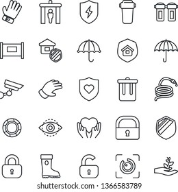 Thin Line Icon Set - fence vector, security gate, trash bin, glove, boot, hose, heart shield, hand, umbrella, protect, lock, eye id, water filter, surveillance, crisis management