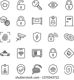 Thin Line Icon Set - fence vector, alarm car, safe, lock, identity card, hose, shield, flammable, chain, protect, eye id, key, estate insurance, vip zone, fingerprint, wireless, home, pass