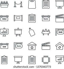Thin Line Icon Set - fence vector, presentation board, meeting, clipboard, clapboard, sale, rooms, sold signboard, smart home, cutting, chip