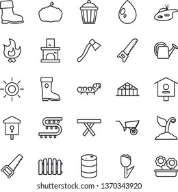 Thin Line Icon Set - fence vector, watering can, wheelbarrow, sproute, boot, saw, fire, water drop, sun, axe, pumpkin, garden light, fireplace, greenhouse, caterpillar, picnic table, bird house