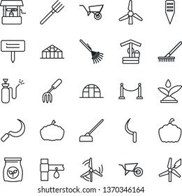 Thin Line Icon Set - fence vector, garden fork, farm, rake, wheelbarrow, well, hoe, sickle, plant label, pumpkin, greenhouse, sprayer, fertilizer, drip irrigation, windmill