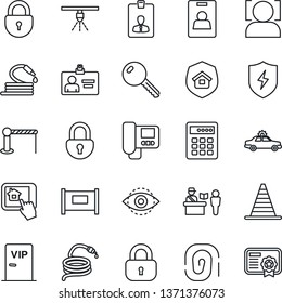 Thin Line Icon Set - fence vector, barrier, passport control, alarm car, border cone, lock, identity card, hose, protect, face id, eye, key, estate insurance, vip zone, intercome, home app