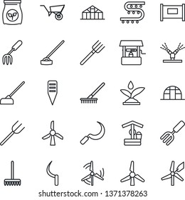 Thin Line Icon Set - fence vector, garden fork, farm, rake, wheelbarrow, well, hoe, sickle, plant label, greenhouse, fertilizer, drip irrigation, windmill