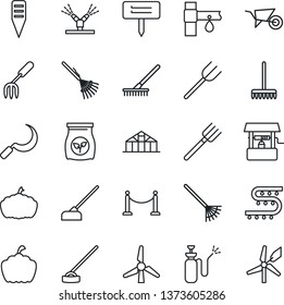 Thin Line Icon Set - fence vector, garden fork, farm, rake, wheelbarrow, well, hoe, sickle, plant label, pumpkin, greenhouse, sprayer, fertilizer, drip irrigation, windmill
