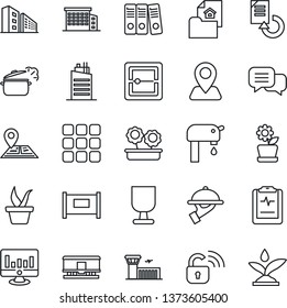 Thin Line Icon Set - fence vector, airport building, statistic monitor, document reload, seedling, pulse clipboard, navigation, fragile, railroad, dialog, menu, scanner, paper binder, water supply