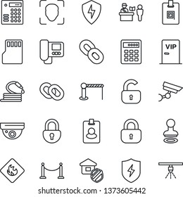 Thin Line Icon Set - fence vector, barrier, passport control, stamp, hose, flammable, chain, protect, sd, lock, face id, identity card, estate insurance, vip zone, intercome, combination, pass