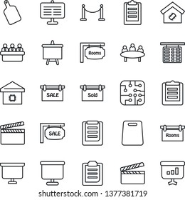 Thin Line Icon Set - fence vector, flight table, presentation board, meeting, clipboard, clapboard, sale, rooms, sold signboard, smart home, cutting, chip