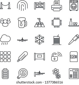 Thin Line Icon Set - fence vector, coffee machine, plane, boarding, pen, printer, rain, thermometer, rack, group, battery, menu, fingerprint id, client search, washer, city house, alcohol, beer