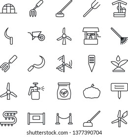 Thin Line Icon Set - fence vector, garden fork, farm, rake, wheelbarrow, well, hoe, sickle, plant label, pumpkin, greenhouse, sprayer, fertilizer, drip irrigation, windmill