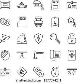 Thin Line Icon Set - fence vector, barrier, alarm car, identity, lock, card, shield, flammable, chain, protect, sd, stamp, key, home control, intercome, pass, surveillance, sprinkler