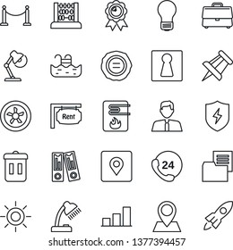 Thin Line Icon Set - fence vector, female, office binder, medal, abacus, drawing pin, bulb, stamp, sun, 24 hours, folder document, protect, place tag, case, bar graph, desk lamp, pool, rent, fan