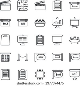 Thin Line Icon Set - fence vector, flight table, presentation board, meeting, clipboard, clapboard, sale, rooms, sold signboard, cutting, chip