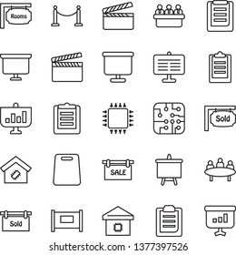 Thin Line Icon Set - fence vector, presentation board, meeting, clipboard, clapboard, sale, rooms, sold signboard, smart home, cutting, chip