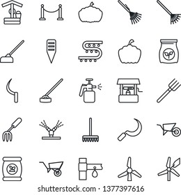 Thin Line Icon Set - fence vector, garden fork, farm, rake, wheelbarrow, well, hoe, sickle, plant label, pumpkin, sprayer, fertilizer, drip irrigation, windmill