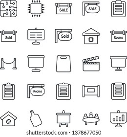 Thin Line Icon Set - fence vector, presentation board, meeting, clipboard, clapboard, sale, rooms, sold signboard, smart home, cutting, chip