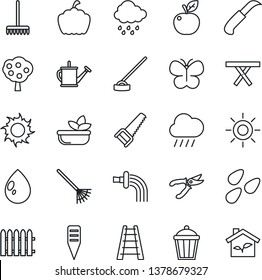 Thin Line Icon Set - fence vector, rake, ladder, watering can, pruner, saw, butterfly, water drop, sun, rain, hoe, garden knife, plant label, pumpkin, light, seeds, picnic table, fruit tree, salad