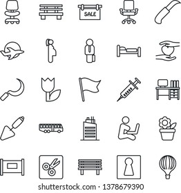 Thin Line Icon Set - fence vector, airport bus, female, bed, office chair, desk, flower in pot, trowel, sickle, garden knife, bench, syringe, heart hand, pregnancy, plane, tulip, cut, manager, sale