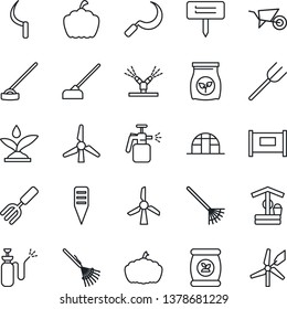 Thin Line Icon Set - fence vector, garden fork, farm, rake, wheelbarrow, well, hoe, sickle, plant label, pumpkin, greenhouse, sprayer, fertilizer, windmill, irrigation
