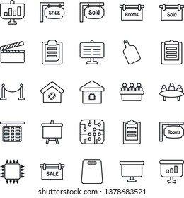 Thin Line Icon Set - fence vector, flight table, presentation board, meeting, clipboard, clapboard, sale, rooms, sold signboard, smart home, cutting, chip