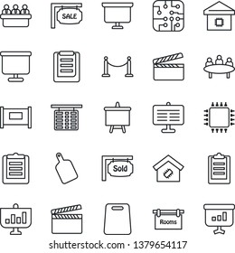 Thin Line Icon Set - fence vector, flight table, presentation board, meeting, clipboard, clapboard, sale, rooms, sold signboard, smart home, cutting, chip