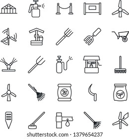 Thin Line Icon Set - fence vector, garden fork, farm, rake, wheelbarrow, well, hoe, sickle, plant label, greenhouse, sprayer, fertilizer, drip irrigation, windmill