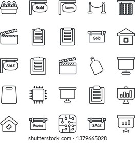 Thin Line Icon Set - fence vector, flight table, presentation board, meeting, clipboard, clapboard, sale, rooms, sold signboard, smart home, cutting, chip