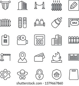 Thin Line Icon Set - fence vector, barrier, office building, pennant, navigation, flammable, barcode, rca, settings, calculator, notes, lock, video, identity card, book, sale, heater, dress code