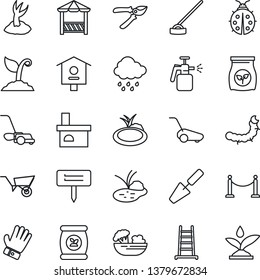 Thin Line Icon Set - fence vector, trowel, ladder, wheelbarrow, sproute, pruner, glove, lawn mower, lady bug, rain, hoe, plant label, fireplace, caterpillar, pond, bird house, garden sprayer, salad