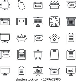 Thin Line Icon Set - fence vector, flight table, presentation board, meeting, clipboard, sale, rooms, sold signboard, smart home, cutting, chip