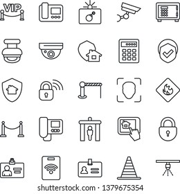 Thin Line Icon Set - fence vector, barrier, security gate, bomb in case, identity, border cone, safe, lock, card, shield, flammable, face id, stamp, vip zone, wireless, intercome, home control app