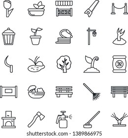 Thin Line Icon Set - fence vector, rake, seedling, tree, sproute, saw, hose, hoe, sickle, axe, bench, garden light, fireplace, pond, sprayer, fertilizer, tulip, salad, alcove, irrigation