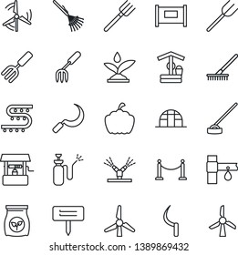 Thin Line Icon Set - fence vector, garden fork, farm, rake, well, hoe, sickle, plant label, pumpkin, greenhouse, sprayer, fertilizer, drip irrigation, windmill