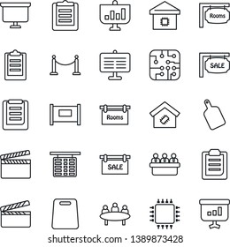 Thin Line Icon Set - fence vector, flight table, presentation board, meeting, clipboard, clapboard, sale, rooms, smart home, cutting, chip